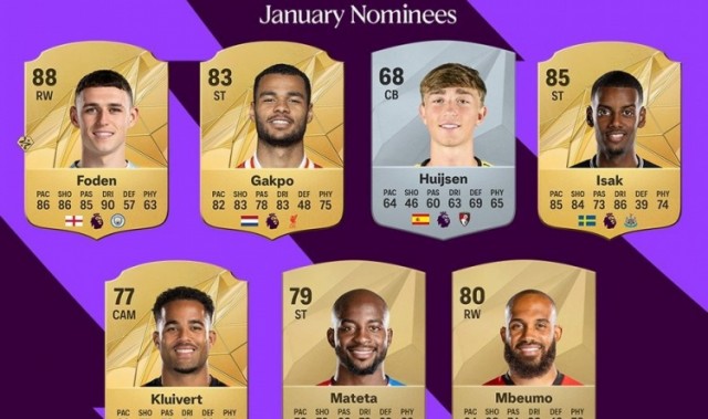 英超官方公布1月最佳候选7人名单：福登、加克波、伊萨克领衔